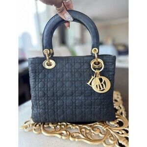 Iconic Lady Dior Gold Hardware Shoulder Bag Medium Black Nylon